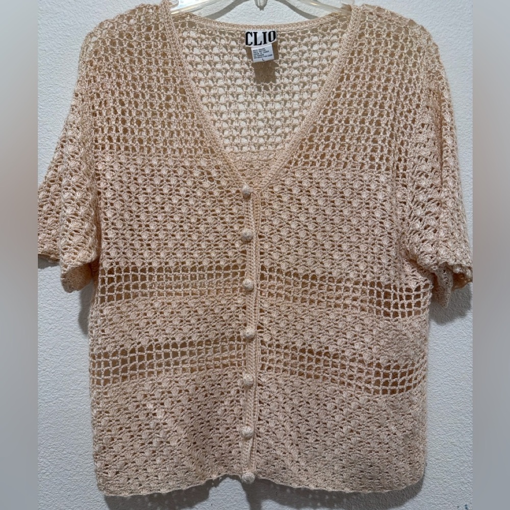 Beige Crochet Button-Up Cardigan